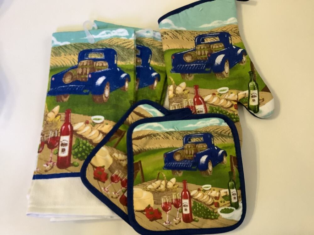 5pc Kitchen Set Truck Wine Country Farmhouse 2 Pot Holders 2 Towels Oven Mitt